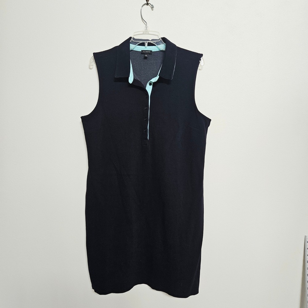 Talbots Womens XL Navy Blue Sleeveless Polo Dress Pique Knit Aqua Trim Sporty - Picture 1 of 8